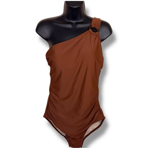 Large Kona Sol Brown One Piece Swimsuit Lined Stretch Asymmetrical Strap - Picture 1 of 13
